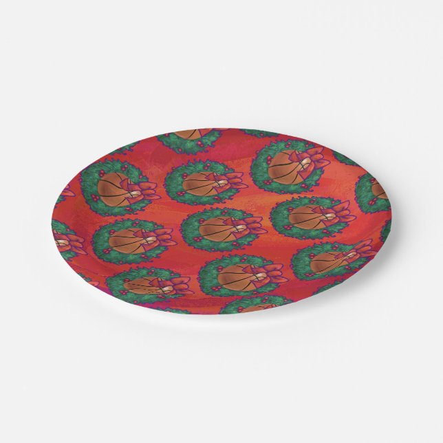 Basketball in Holly Wreath Pattern on Red Paper Plates (Angled)