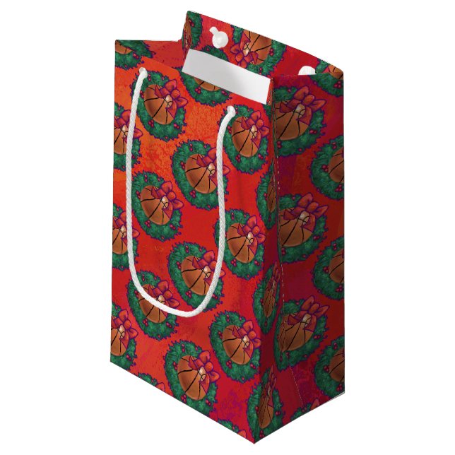 Basketball in Holly Wreath Pattern on Red Small Gift Bag (Front Angled)