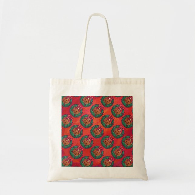 Basketball in Holly Wreath Pattern on Red Tote Bag (Front)