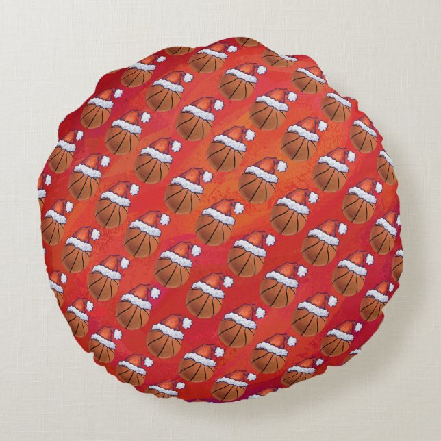 Basketball in Santa Hat Pattern Round Pillow (Back)
