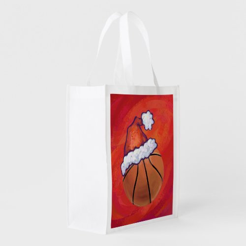 Basketball in Santa Hat Reusable Grocery Bag