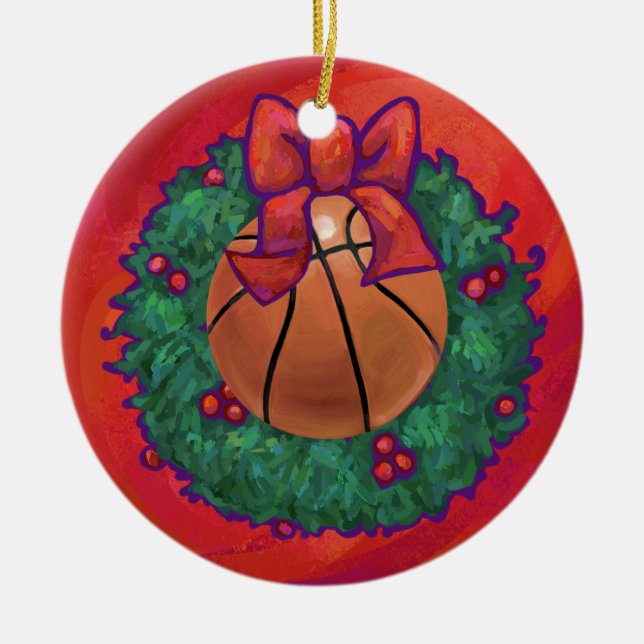 Basketball Inside Christmas Wreath Ceramic Ornament (Front)