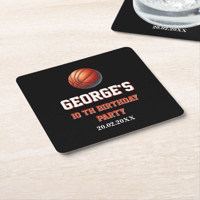 Basketball Invite, Boy Birthday Party Square Paper Coaster (Angled)