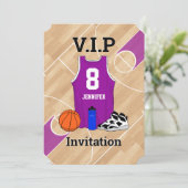 Basketball Jersey on court Birthday party magenta Invitation (Standing Front)