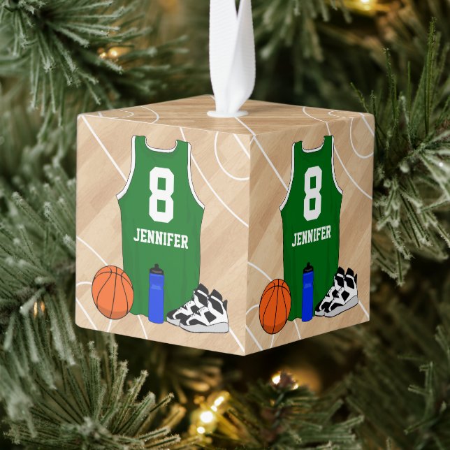 Basketball Jersey on court green Cube Ornament (Tree)