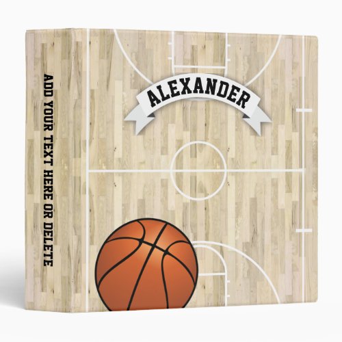 Basketball Kids Name 3 Ring Binder - Personalized kids sports binder featuring a basketball court, a vector drawn ball, and your childs name.