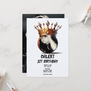 Basketball King Gold Crown 1st Birthday Photo Invitation