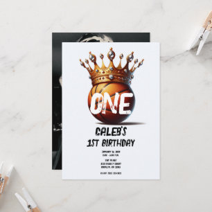 Basketball King Gold Crown Photo 1st Birthday Invitation