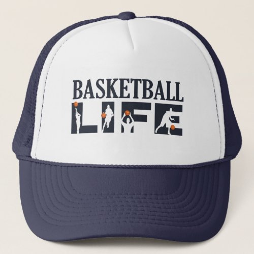 basketball life player dribbling with orange ball trucker hat