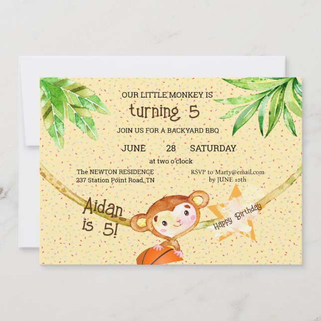 Basketball Little Monkey Turning 5 Birthday Party Invitation (Front)