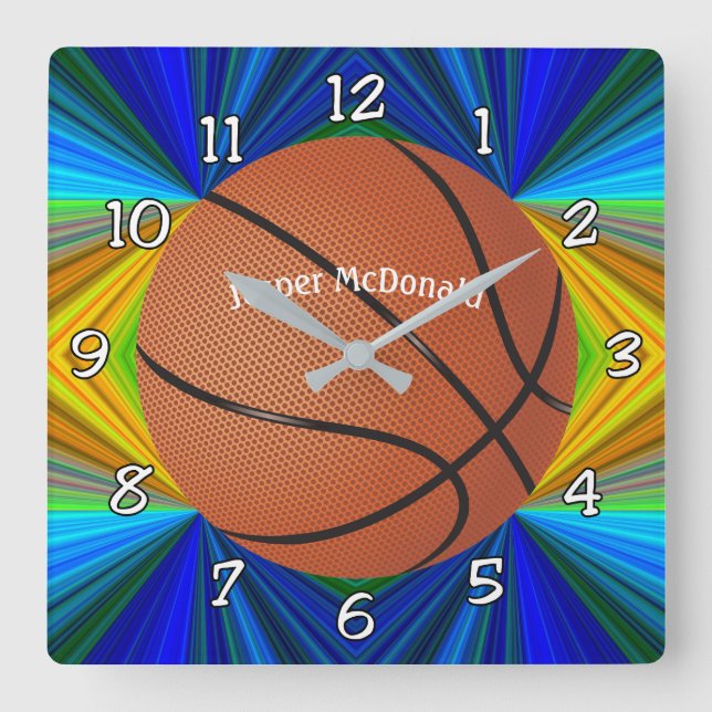 Basketball Many-color Bkgrd Photo Personalize Square Wall Clock (Front)