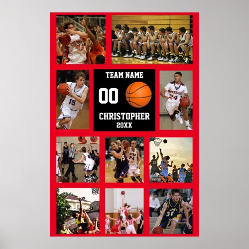 Basketball Memories Red Photo Collage Poster