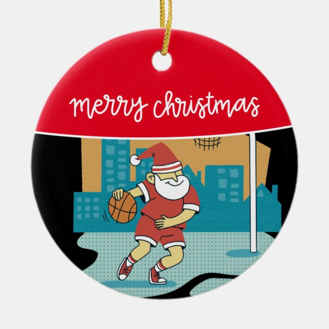 Basketball Merry Christmas with Santa Claus   Ceramic Ornament (Front)