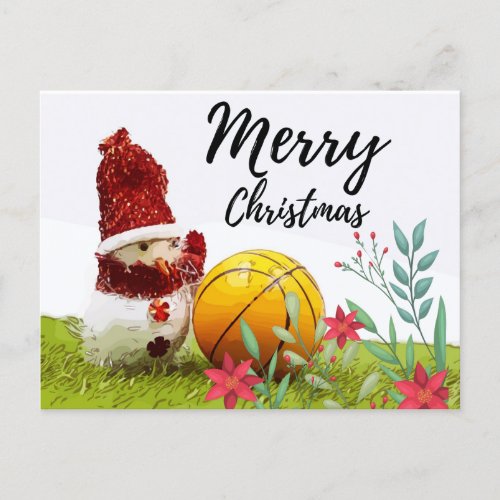 Basketball Merry Christmas with Snowman on green  Postcard