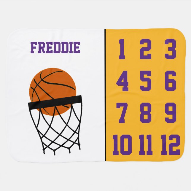 Basketball Milestone Purple Yellow Personalized Baby Blanket (Horizontal)