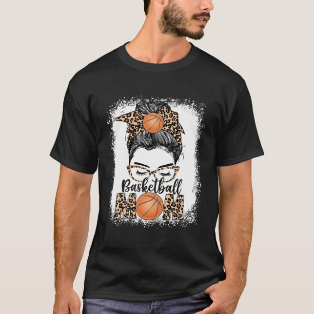 Basketball Mom Game Day Messy Bun Leopard Mother s T-Shirt (Front)