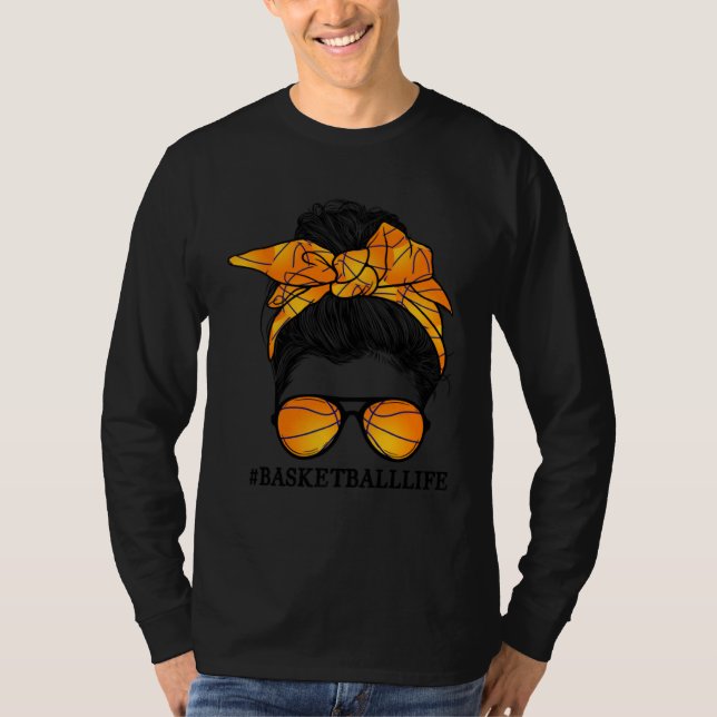 Basketball Mom Messy Bun Glasses Bow Mom Life Moth T-Shirt (Front)