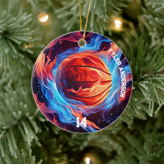Basketball Name and Player Number Fire and Ice Ceramic Ornament (Tree)