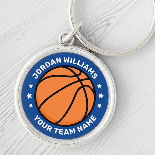 Basketball name and team white stars blue keychain