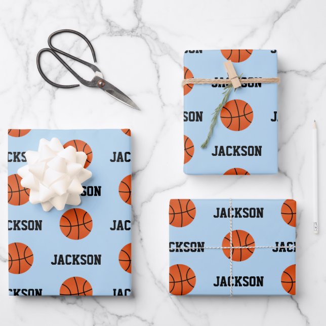 Basketball Name Pattern Kids Blue Wrapping Paper Sheets (Front)