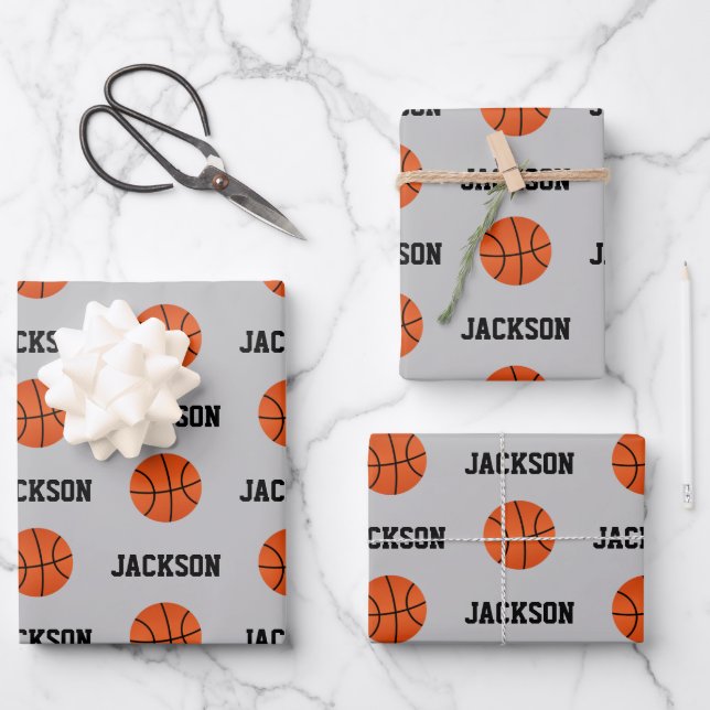 Basketball Name Pattern Kids Gray Wrapping Paper Sheets (Front)