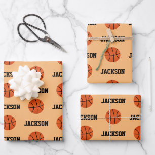 Basketball Name Pattern Kids Orange Wrapping Paper Sheets