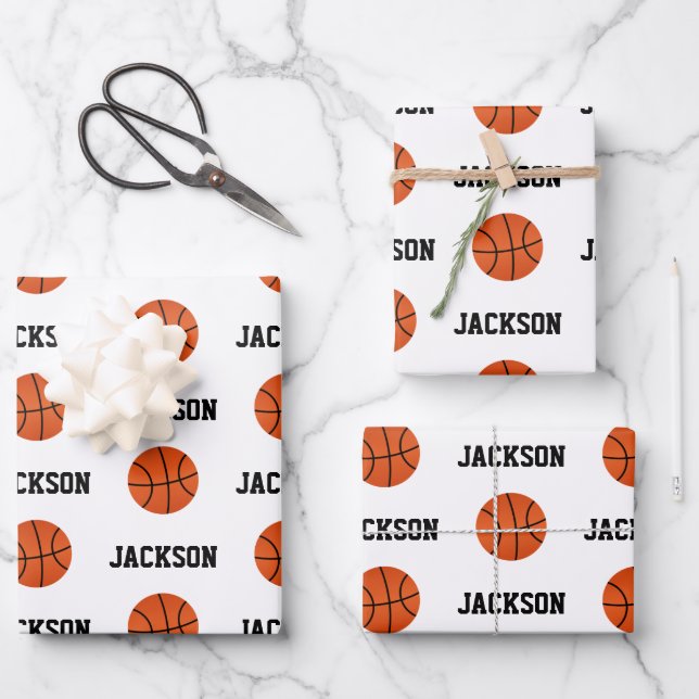 Basketball Name Pattern Kids White Wrapping Paper Sheets (Front)