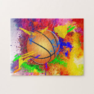 Basketball Neon Paint Splatter Modern Fun Jigsaw Puzzle