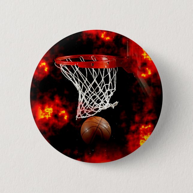 Basketball Net, Ball & Flames Button (Front)