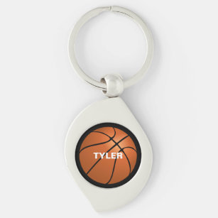 Basketball on Black Background, White Name Keychain