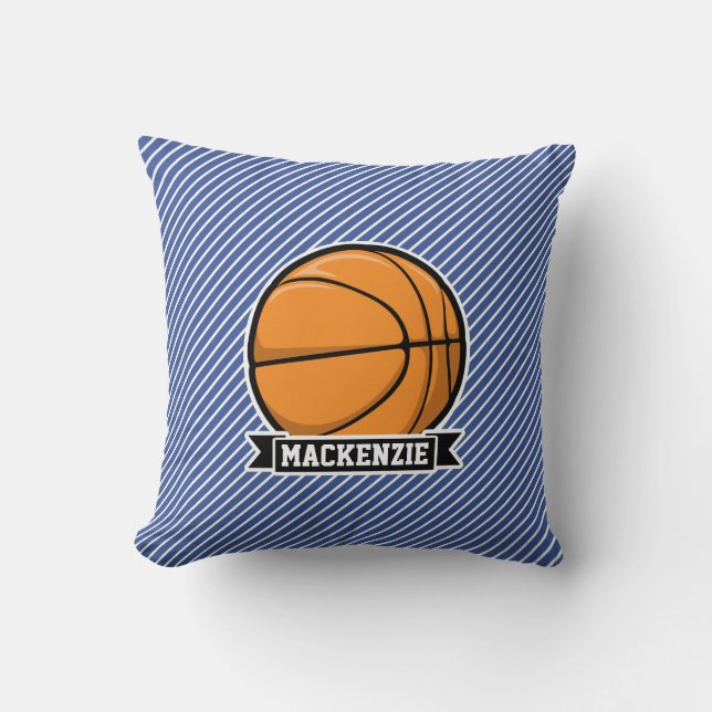 Basketball on Blue & White Stripes Throw Pillow (Front)