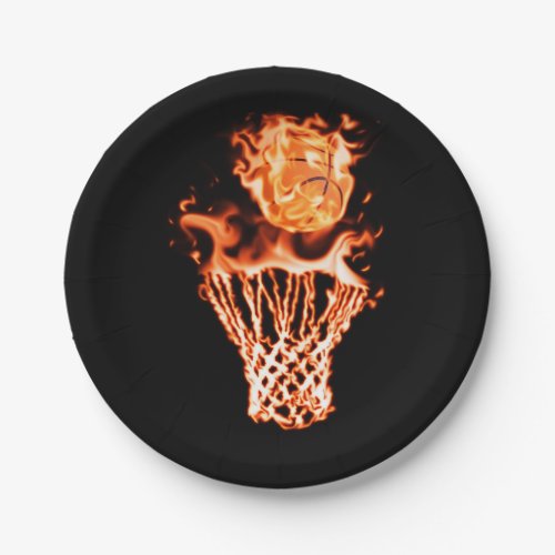 Basketball on fire going through the fire net paper plates
