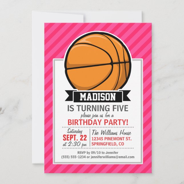 Basketball on Pink Stripes, Striped Invitation (Front)