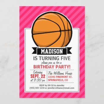 Basketball On Pink Stripes  Striped Invitation by Birthday_Party_House at Zazzle