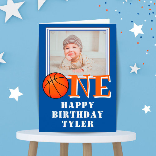 Basketball ONE Kids Photo 1st Birthday Card