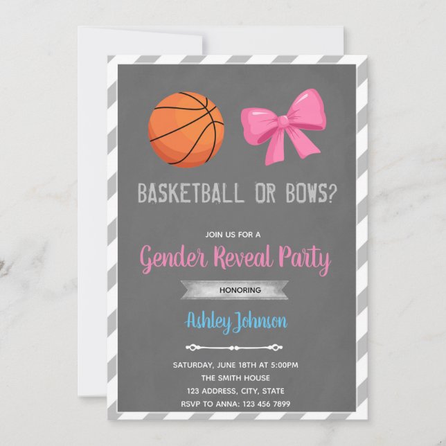 Basketball or bows gender reveal invitation (Front)