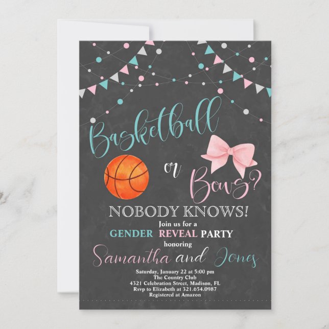 Basketball or Bows Gender Reveal Party Invitation (Front)