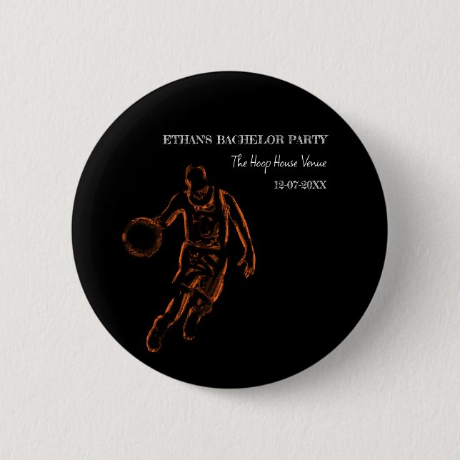 Basketball Orange Black Bachelor / Birthday Party Button (Front)