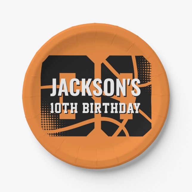 Basketball Orange Black Birthday Party Paper Plates (Front)
