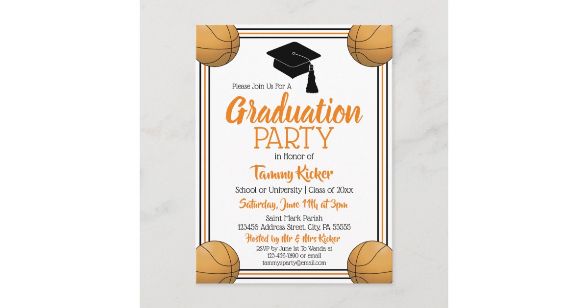 Basketball Orange & Black Graduation Party Invitation Postcard | Zazzle