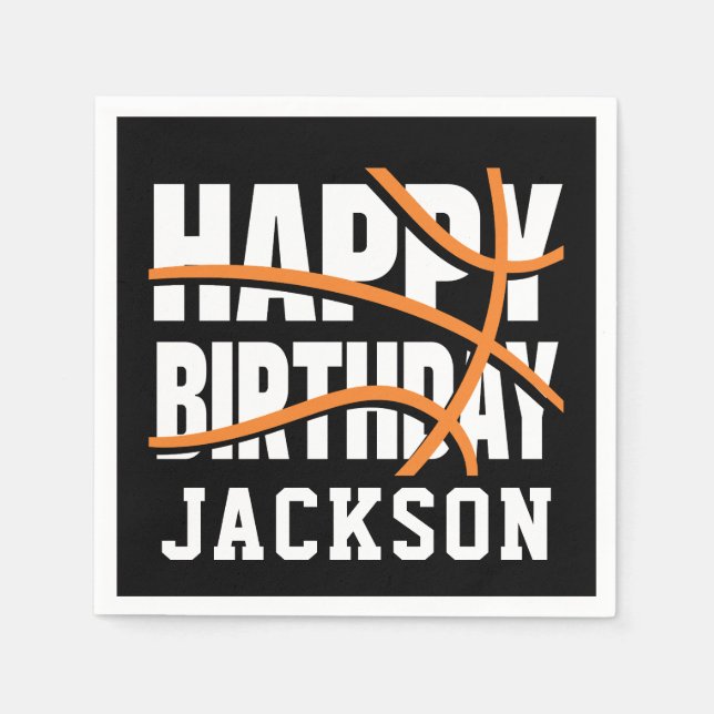 Basketball Orange Black Happy Birthday Party Napkins (Front)