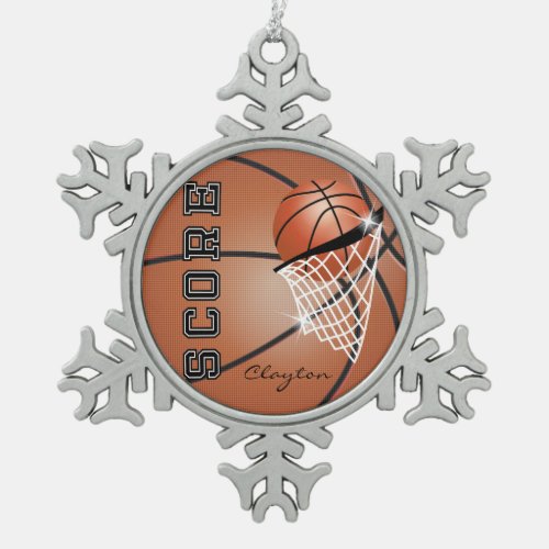 Basketball  Orange Brown  Personalize Snowflake Pewter Christmas Ornament