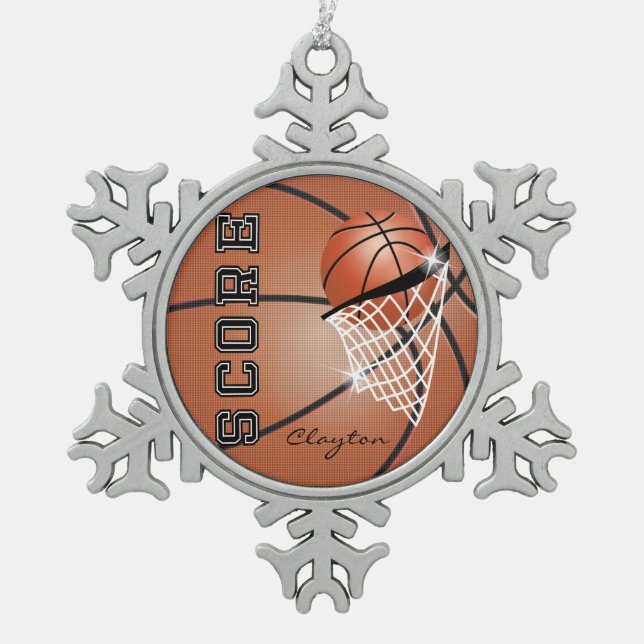 Basketball | Orange Brown | Personalize Snowflake Pewter Christmas Ornament (Front)