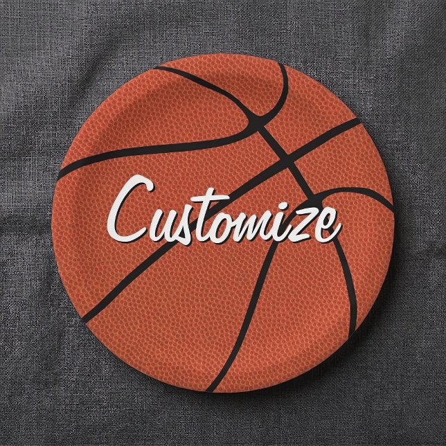 Basketball Party / Banquet Custom Team Name Sports Paper Plates (Customizable basketball paper plates on tablecloth. Great for basketball parties and events!)