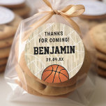 Basketball Party Favor Classic Round Sticker<br><div class="desc">Sports themed party favor stickers featuring a wooden floor basketball court with markings,  a basketball,  and a text template that is easy to personalize.</div>