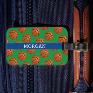 Basketball Pattern, White Name, Blue & Green Luggage Tag