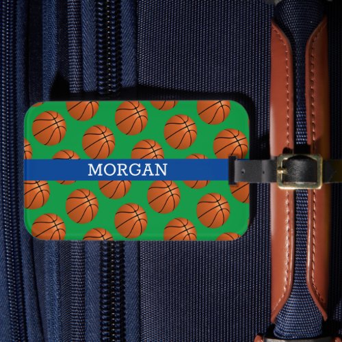 Basketball Pattern White Name Blue  Green Luggage Tag