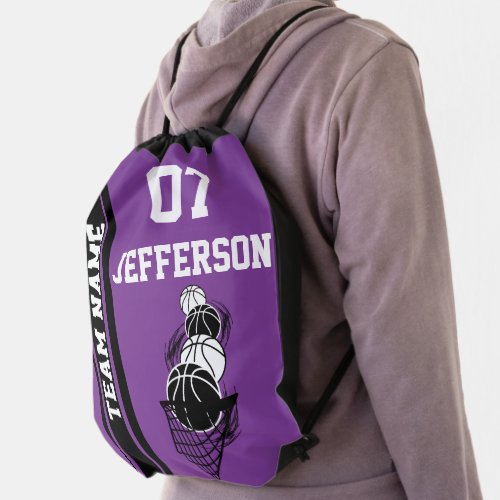 Basketball Personalize Team  Purple Drawstring Bag