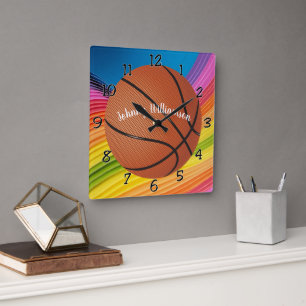 Basketball personalize with Name Colorful Square Wall Clock