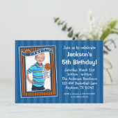 Basketball Photo Birthday Party Blue Invitations (Standing Front)